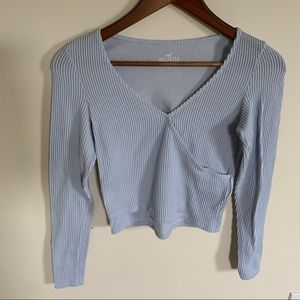 Hollister Pastel Blue Ribbed Faux-wrap Long-sleeve Cropped T-shirt